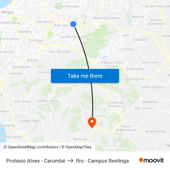 Protásio Alves - Carumbé to Ifrs - Campus Restinga map