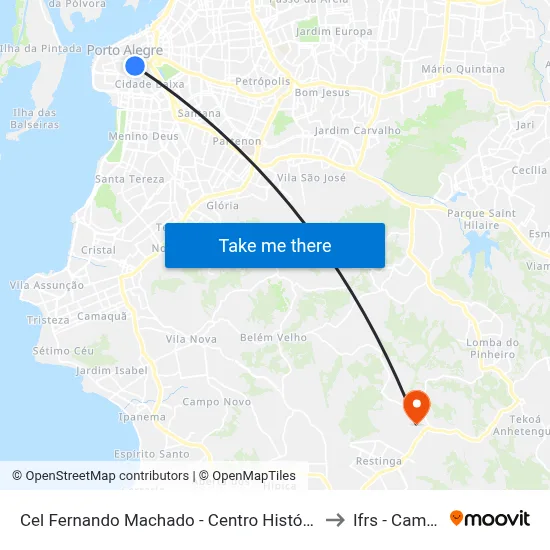 Cel Fernando Machado - Centro Histórico Porto Alegre - Rs 90010-282 Brasil to Ifrs - Campus Restinga map