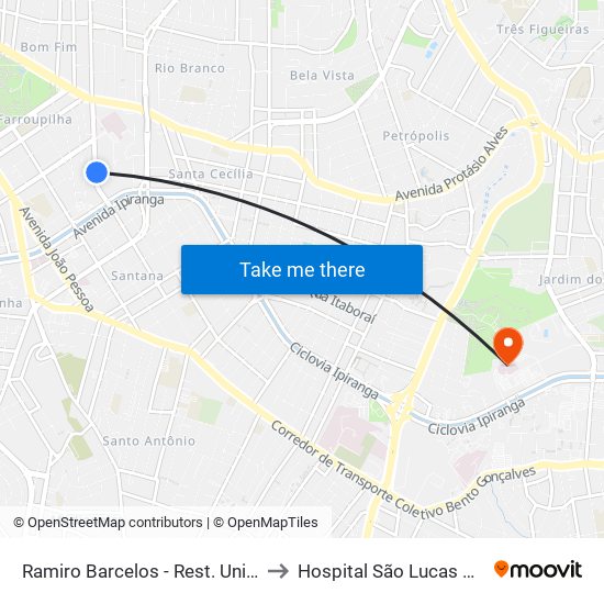 Ramiro Barcelos - Rest. Universitário to Hospital São Lucas Da Pucrs map