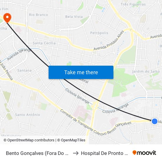 Bento Gonçalves (Fora Do Corredor) to Hospital De Pronto Socorro map