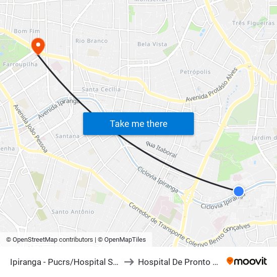 Ipiranga - Pucrs/Hospital São Lucas to Hospital De Pronto Socorro map