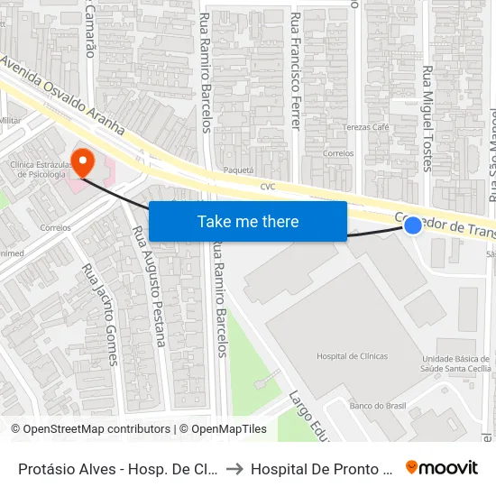 Protásio Alves - Hosp. De Clínicas Cb to Hospital De Pronto Socorro map