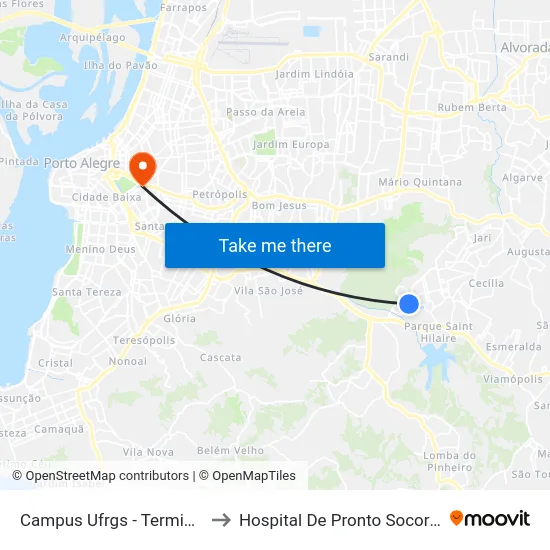 Campus Ufrgs - Terminal to Hospital De Pronto Socorro map