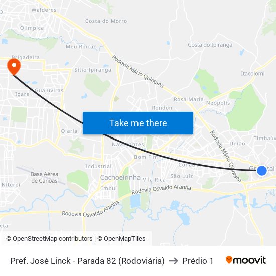 Pref. José Linck - Parada 82 (Rodoviária) to Prédio 1 map
