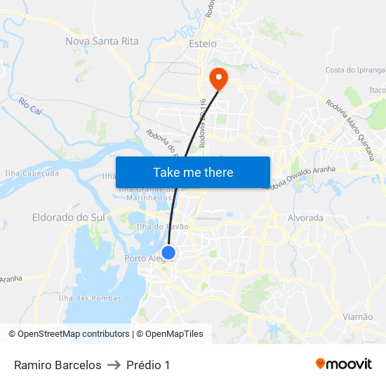 Ramiro Barcelos to Prédio 1 map
