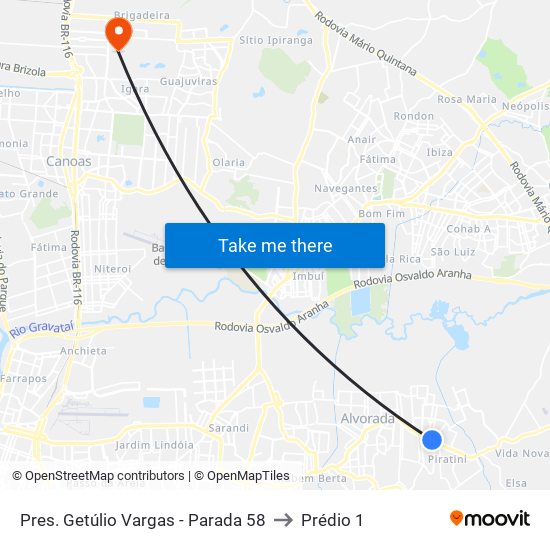 Pres. Getúlio Vargas - Parada 58 to Prédio 1 map