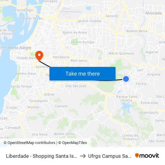 Liberdade - Shopping Santa Isabel to Ufrgs Campus Saúde map
