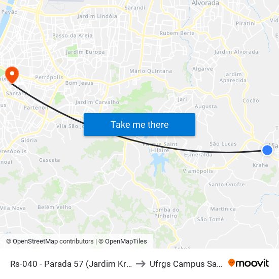 Rs-040 - Parada 57 (Jardim Krahe) to Ufrgs Campus Saúde map
