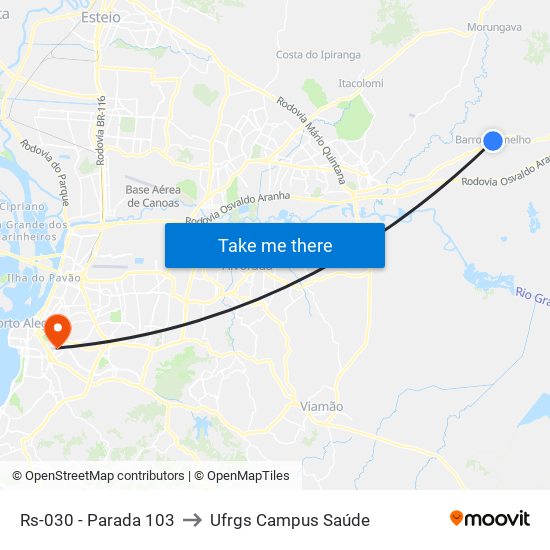 Rs-030 - Parada 103 to Ufrgs Campus Saúde map