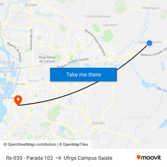 Rs-030 - Parada 102 to Ufrgs Campus Saúde map