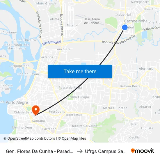 Gen. Flores Da Cunha - Parada 49 to Ufrgs Campus Saúde map