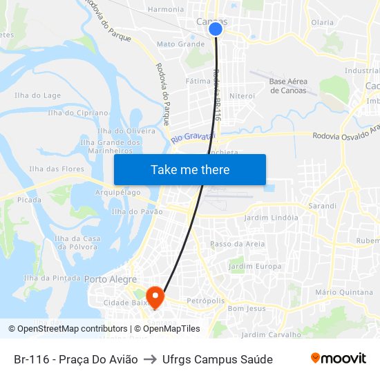 Br-116 - Praça Do Avião to Ufrgs Campus Saúde map
