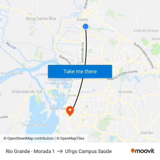 Rio Grande - Morada 1 to Ufrgs Campus Saúde map