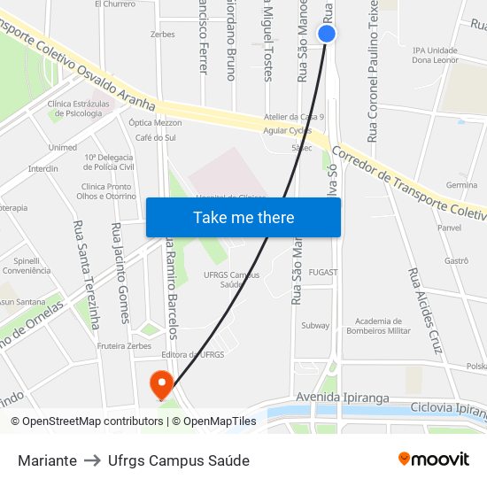 Mariante to Ufrgs Campus Saúde map