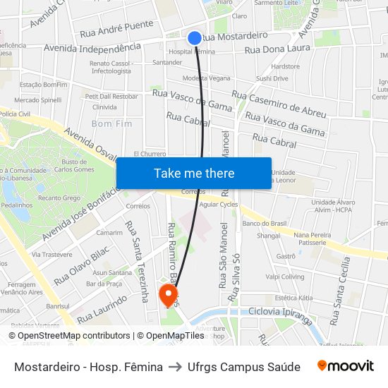 Mostardeiro - Hosp. Fêmina to Ufrgs Campus Saúde map