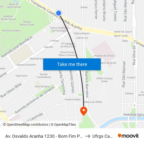 Av. Osvaldo Aranha 1230 - Bom Fim Porto Alegre - Rs 90035-191 Brasil to Ufrgs Campus Saúde map