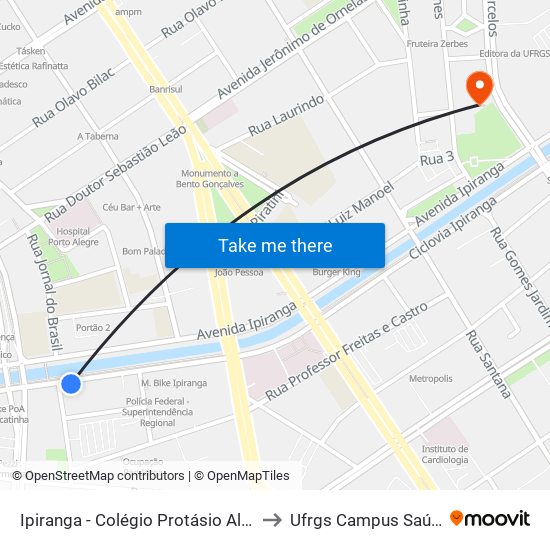 Ipiranga - Colégio Protásio Alves to Ufrgs Campus Saúde map