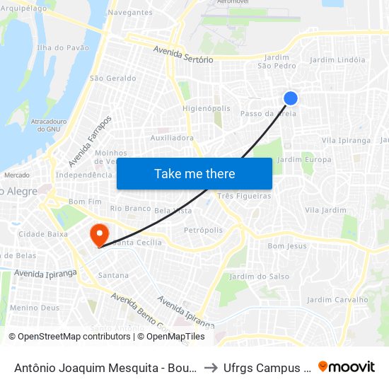 Antônio Joaquim Mesquita - Bourbon Wallig to Ufrgs Campus Saúde map