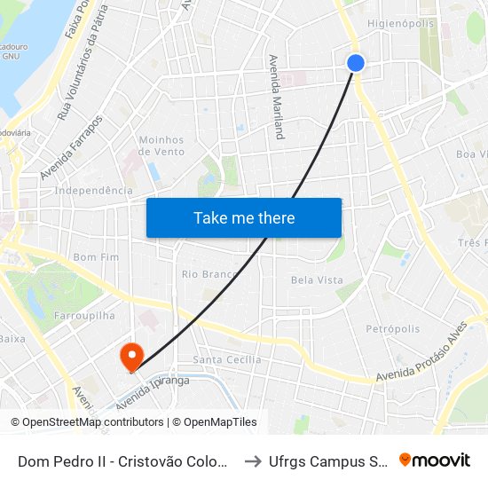 Dom Pedro II - Cristovão Colombo Ns to Ufrgs Campus Saúde map