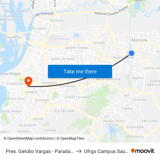 Pres. Getúlio Vargas - Parada 43 to Ufrgs Campus Saúde map