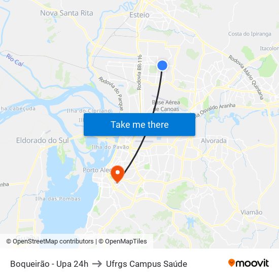 Boqueirão - Upa 24h to Ufrgs Campus Saúde map