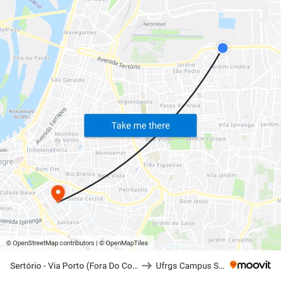 Sertório - Via Porto (Fora Do Corredor) to Ufrgs Campus Saúde map