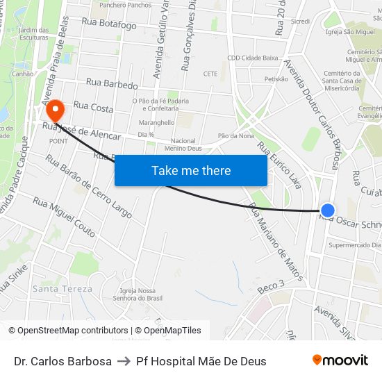 Dr. Carlos Barbosa to Pf Hospital Mãe De Deus map