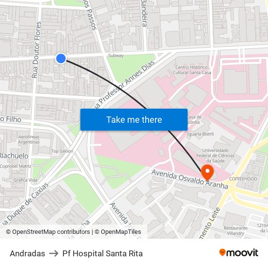 Andradas to Pf Hospital Santa Rita map