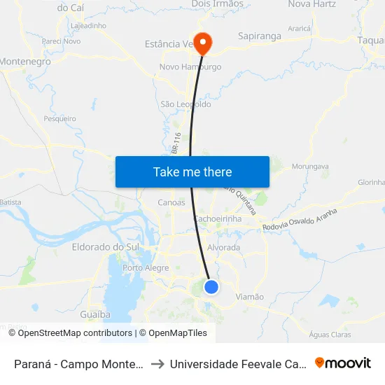 Paraná - Campo Monte Alegre to Universidade Feevale Campus II map