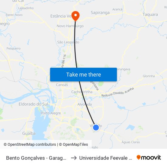Bento Gonçalves - Garagem Viamão to Universidade Feevale Campus II map