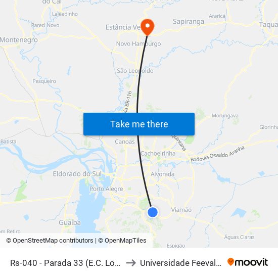 Rs-040 - Parada 33 (E.C. Lomba Do Sabão) to Universidade Feevale Campus II map