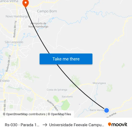 Rs-030 - Parada 107 to Universidade Feevale Campus II map