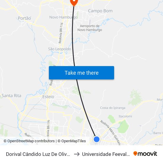 Dorival Cândido Luz De Oliveira - Parada 61 to Universidade Feevale Campus II map