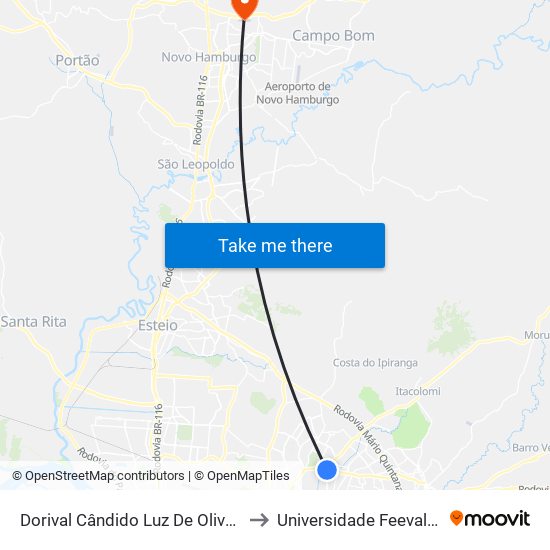 Dorival Cândido Luz De Oliveira - Parada 62 to Universidade Feevale Campus II map