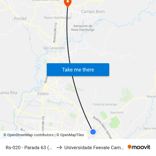Rs-020 - Parada 63 (Weg) to Universidade Feevale Campus II map