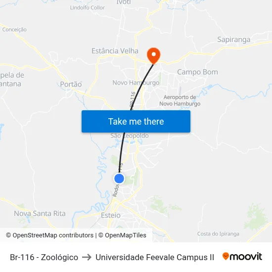 Br-116 - Zoológico to Universidade Feevale Campus II map