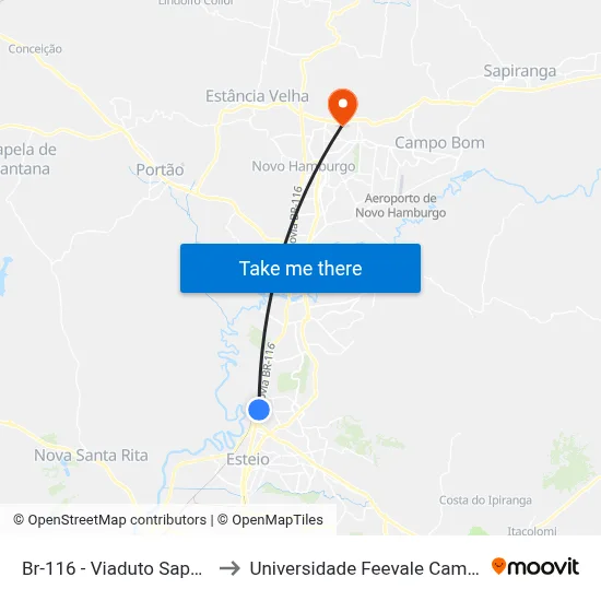 Br-116 - Viaduto Sapucaia to Universidade Feevale Campus II map