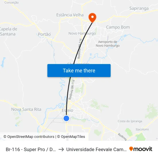 Br-116 - Super Pro / Desco to Universidade Feevale Campus II map