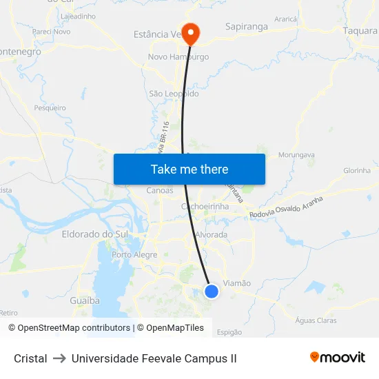 Cristal to Universidade Feevale Campus II map