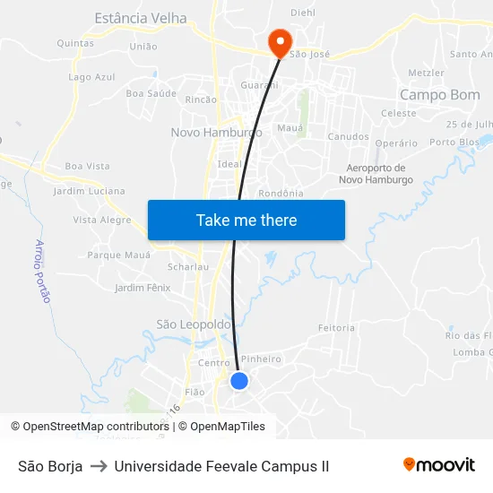 São Borja to Universidade Feevale Campus II map