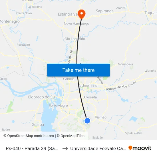 Rs-040 - Parada 39 (São Jorge) to Universidade Feevale Campus II map