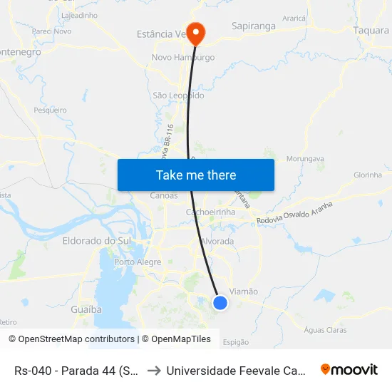 Rs-040 - Parada 44 (Saúde) to Universidade Feevale Campus II map