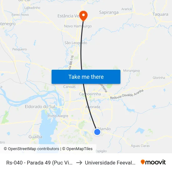 Rs-040 - Parada 49 (Puc Viamão/Havan) to Universidade Feevale Campus II map