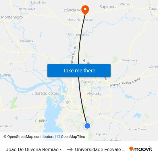 João De Oliveira Remião - Parada 15 to Universidade Feevale Campus II map