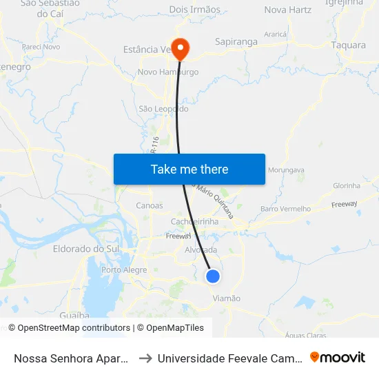 Nossa Senhora Aparecida to Universidade Feevale Campus II map