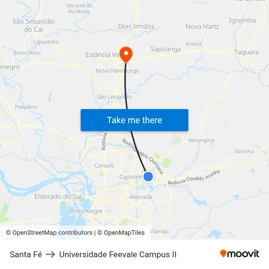 Santa Fé to Universidade Feevale Campus II map