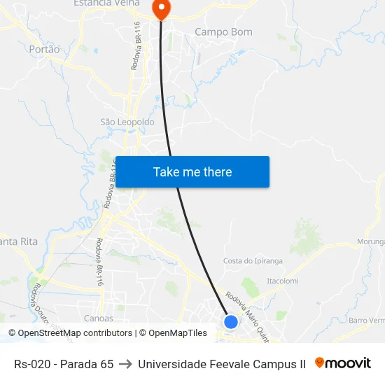 Rs-020 - Parada 65 to Universidade Feevale Campus II map