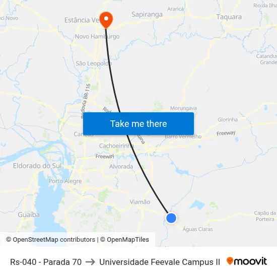 Rs-040 - Parada 70 to Universidade Feevale Campus II map