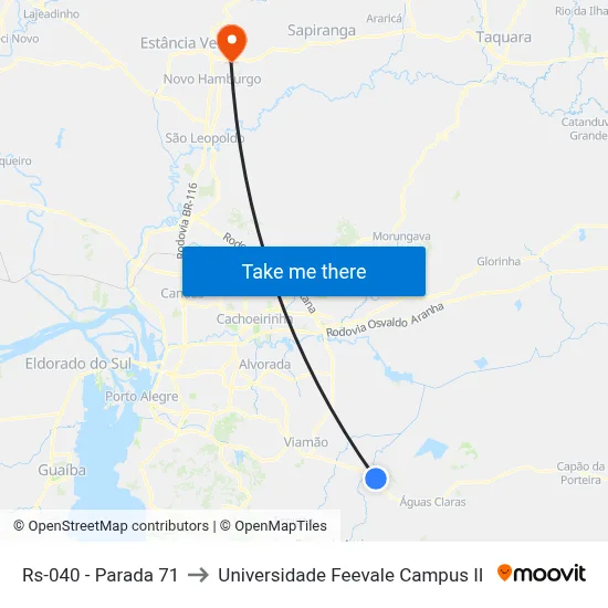 Rs-040 - Parada 71 to Universidade Feevale Campus II map