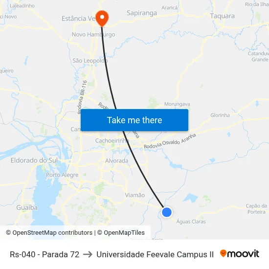 Rs-040 - Parada 72 to Universidade Feevale Campus II map